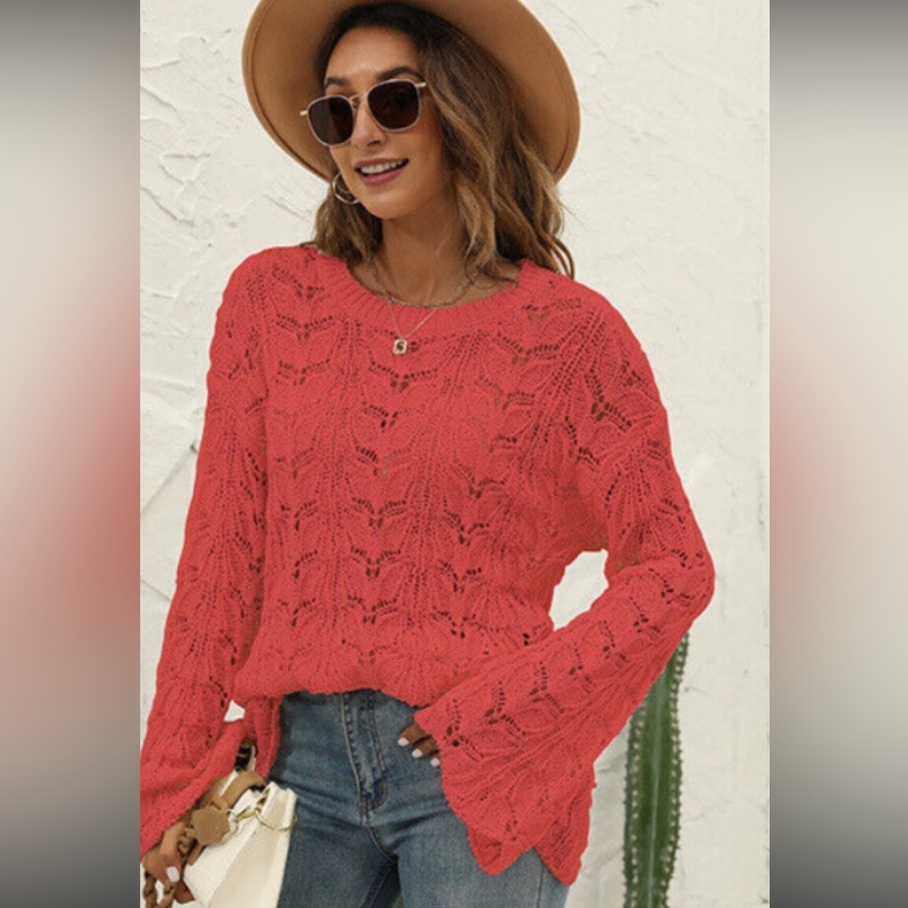 GYK  boho Knitwear Chain Link Hollow Pullover Round Neck Sweater L